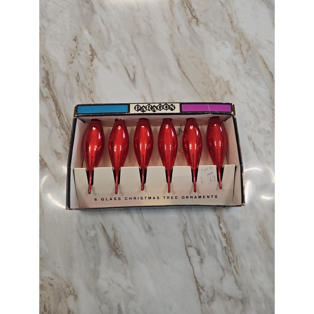 Lot of 6 Glass Vintage Paragon Teardrop Icicle Christmas Ornaments 5"